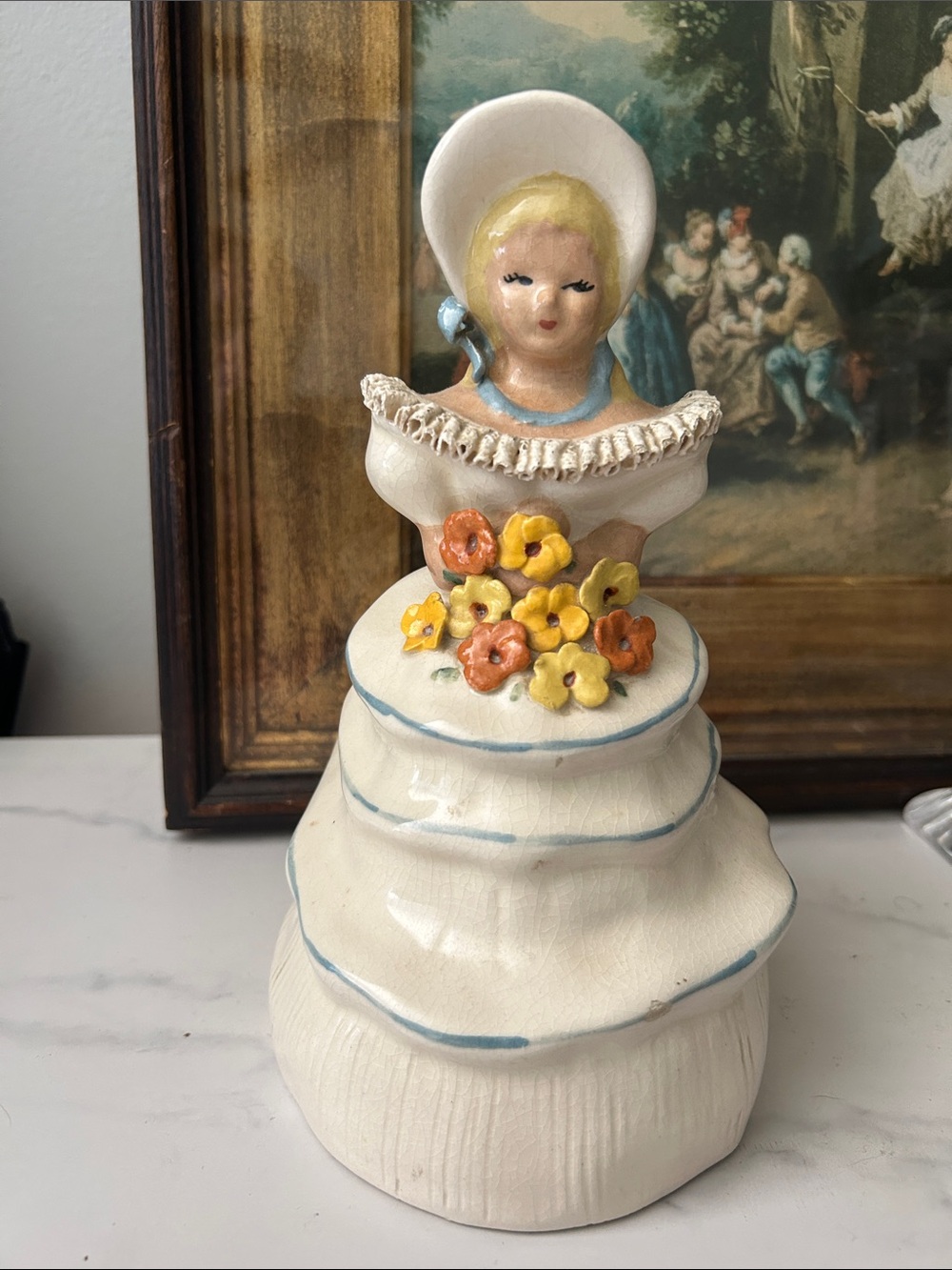 Vintage Ceramic Lady Figurine in White with Yellow & Orange Flowers